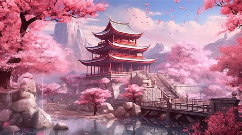 Premium Photo | Romantic pink cherry blossom surrounding ancient style