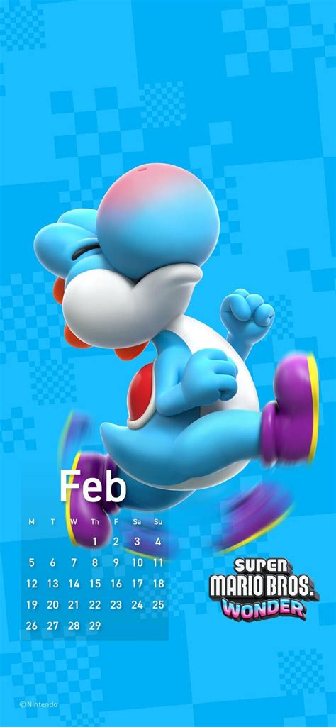 Nintendo Shares February Phone Calendar Featuring Mario Wonder's Light-Blue Yoshi | GoNintendo
