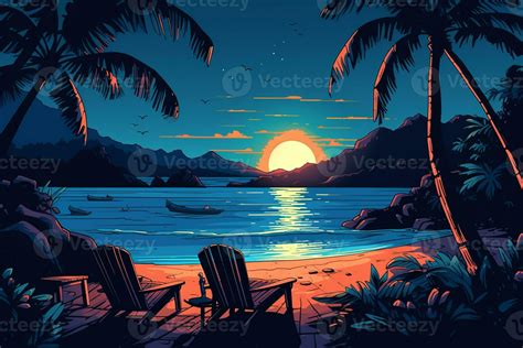 Colorized Drawing of a Tropical Twilight Beachscape generative AI 28366327 Stock Photo at Vecteezy