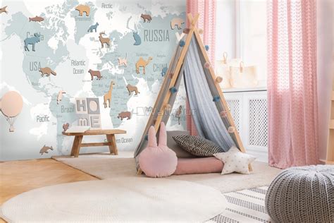 Kids Blue Political World Map with Colorful Animal Silhouette Wallpaper Mural - Wallpaper • Wallmur®