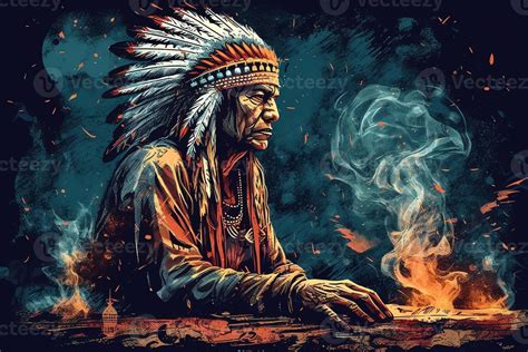 Native american shaman in contemplation during fire ceremony indian ...