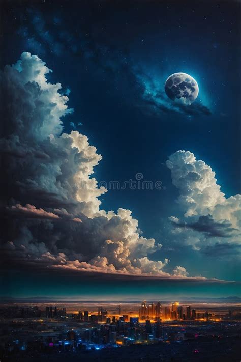 Painting of Night Sky with Clouds and Full Moon. Generative AI. Stock Photo - Image of ...