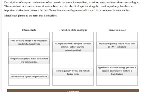 SOLVED: Descriptions of enzyme mechanisms often contain the terms ...