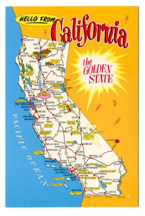 Hello From California The Golden State Cities and Sightseeing 1970s Map Postcard | Map, Postcard ...