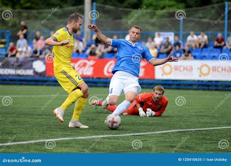 MINSK, BELARUS - JUNE 29, 2018: Soccer Player Scores a Goal during the ...