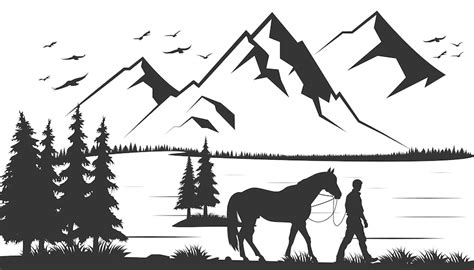 Premium Vector | Mountain lake silhouette graphic art black white landscape illustration vector ...