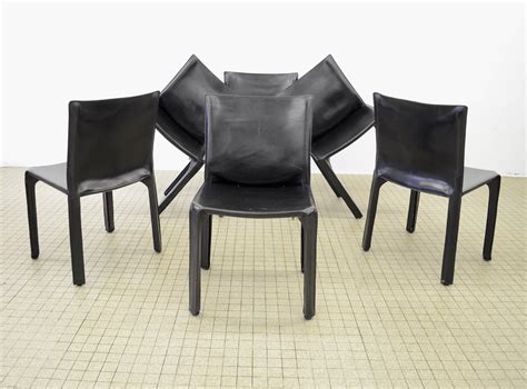 Set of 6 Cassina Cab 412 black leather dining chairs by Mario Bellini, 1977 | #153075