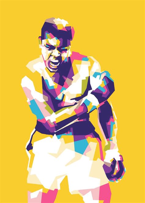 a man holding a tennis racquet on top of a yellow background with geometric shapes