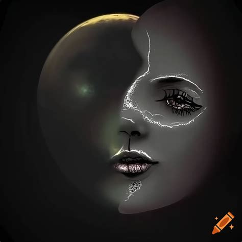 Optical illusion of a face, sun, and moon