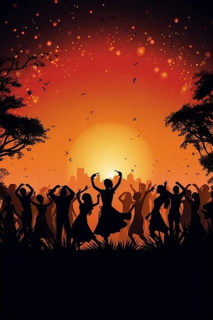 Siluetas de personas bailando el Bhangra y Gidda contra un cielo crepúsculo capturando el lohri ...