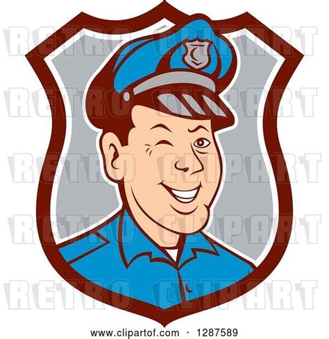 Vector Clip Art of Retro Cartoon Winking White Male Police Officer in a Brown White and Gray ...