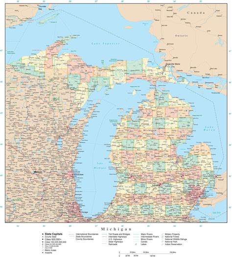 Michigan State Map in Adobe Illustrator Vector Format. Detailed ...