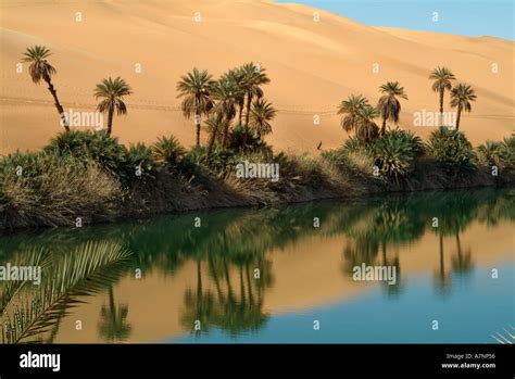 Umm al-Maa Lake (Ubari Lakes), oasis in the Idehan Ubari sand sea Stock ...