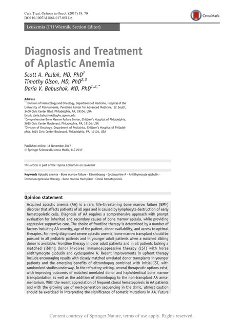 Diagnosis and Treatment of Aplastic Anemia | Request PDF