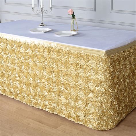 Buy 17FT Champagne 3D Rosette Satin Table Skirt - Case of 6 Table Skirts at Tablecloth Factory