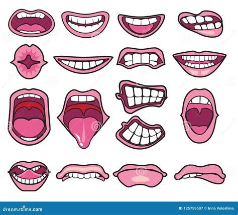 Cartoon Mouths. Caricature Funny Characters Mouth With Lips, Teeth And Tongue With Various ...