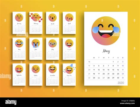 2020 calendar template, new year planner layout with funny social smiley face cartoon on ...