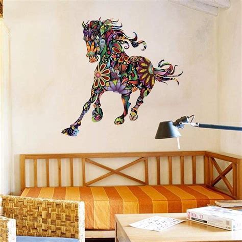 Colorful Flower Pattern Horse Running Wall Sticker - Wall Art Horses ...