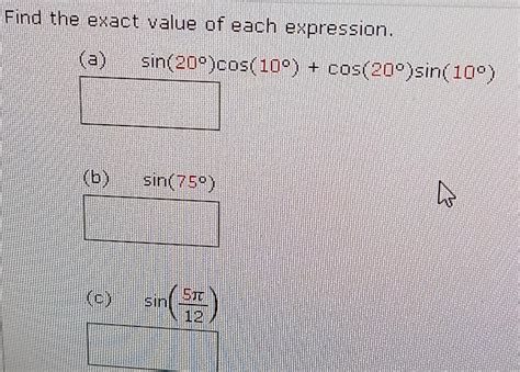 Solved Find the exact value of each expression. sin(20°) | Chegg.com