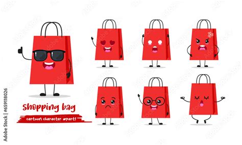 cute shopping bag cartoon with many expressions. paper bag different activity pose vector ...