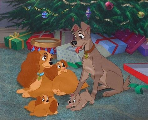 Cel and Background of Lady, Tramp, and Puppies under Christmas Tree from Closing Scene of Lady ...