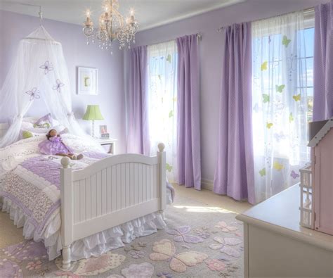 Darling lavender child's bedroom with chandelier and bright windows ...