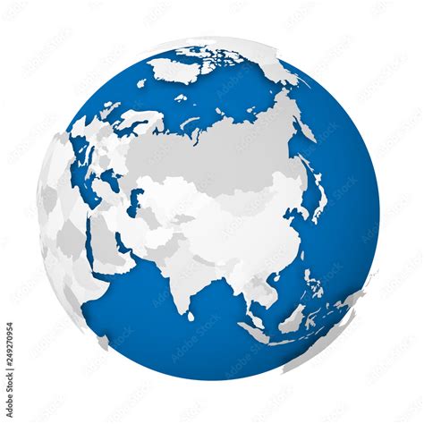 Earth globe. 3D world map with grey political map of countries dropping shadows on blue seas and ...