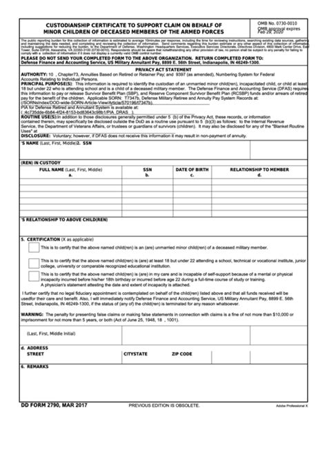 Fillable Dd Form 2790 - Custodianship Certificate To Support Claim On Behalf Of Minor Children ...