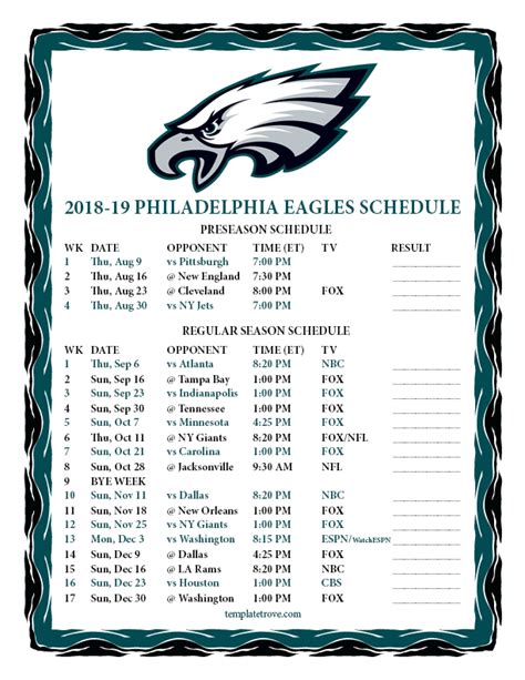 Printable 2018-2019 Philadelphia Eagles Schedule