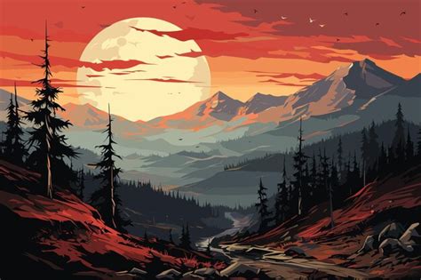 Premium Vector | 2d vector illustration sunset landscape composition ...