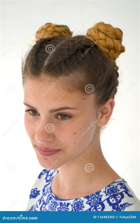 Girl with Pigtails French and Bunches Stock Photo - Image of caucasian, cheerful: 116483392