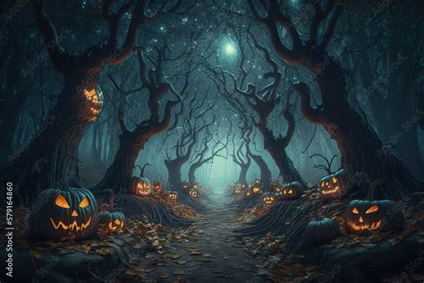 Spooky halloween forest with scary black trees and pumpkins on the ground. AI generated ...