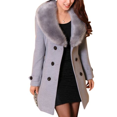 2018 Women Wool Long Coats Winter Warm Faux Fur Collar Double Breasted With Belt Overcoat ...