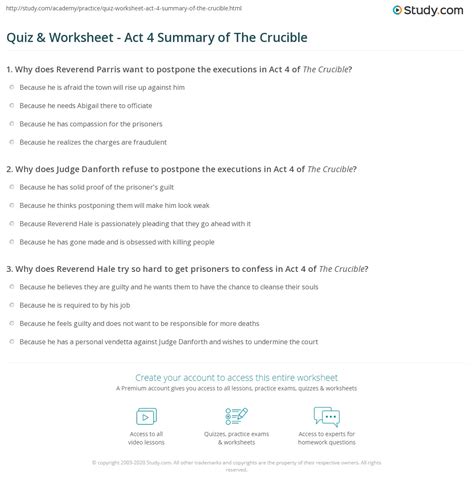 Quiz & Worksheet - Act 4 Summary of The Crucible | Study.com