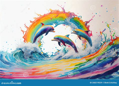 Rainbow Colorful Dolphins Jumping Out of Water Stock Illustration - Illustration of bushy, ocean ...