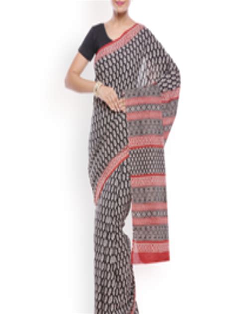 Buy SOUNDARYA Black Hand Block Bagru Print Pure Cotton Traditional Saree - Sarees for Women ...