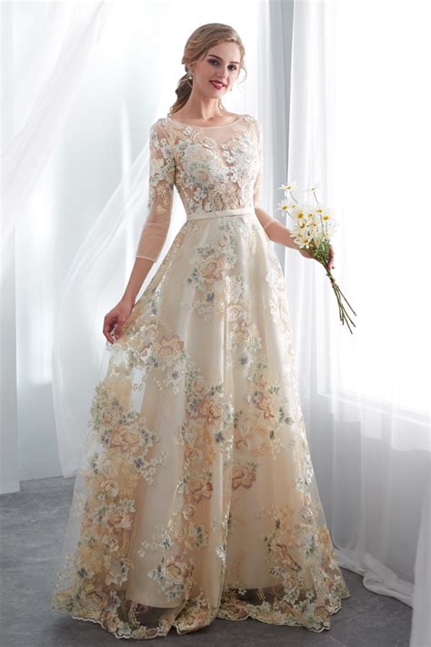 Floaty Floral Long Prom Dress With Long Sleeves | Gowns, Debutante dresses, Wedding dress long ...