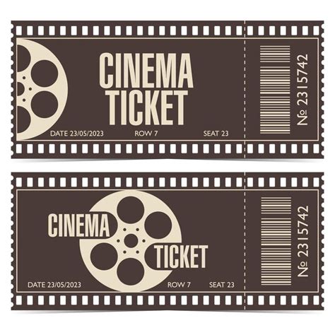 two brown and white movie tickets with film reels on the sides, one is for cinema