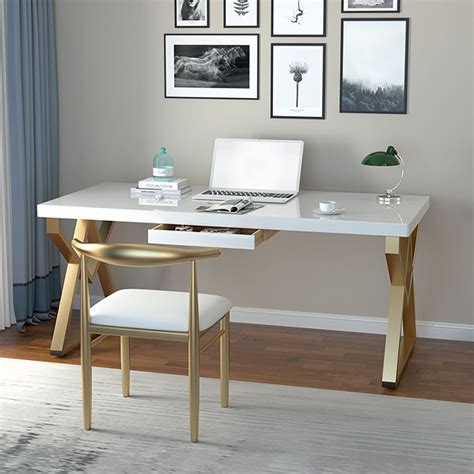 Modern White Writing Desk in Solid Wood & Metal Home Office Desk