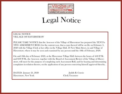 Legal Notice – Tentative Assessment Roll | The Village of Haverstraw ...