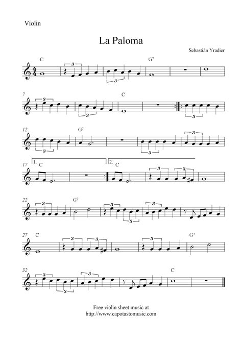 Easy Sheet Music For Beginners: La Paloma, free violin sheet music notes