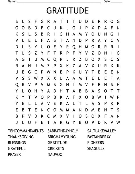 Printable Gratitude Word Search