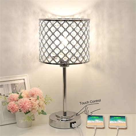 Crystal Table Lamp with 2 USB Ports, 3-Way Dimmable Bedside Touch Lamp ...