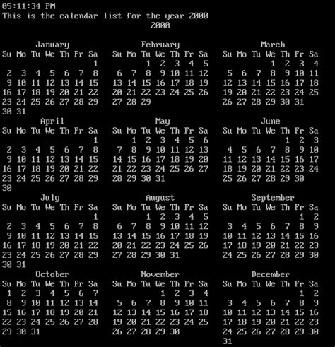 linux - Displays the calendar list for the year 2000 - Stack Overflow