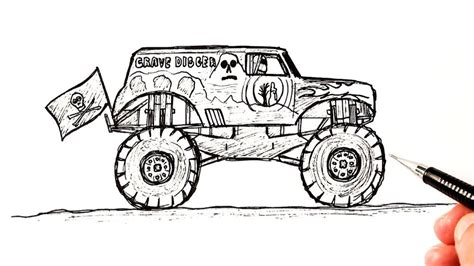How to draw a Monster Truck Grave Digger - YouTube Monster Truck Drawing, Monster Truck Room ...