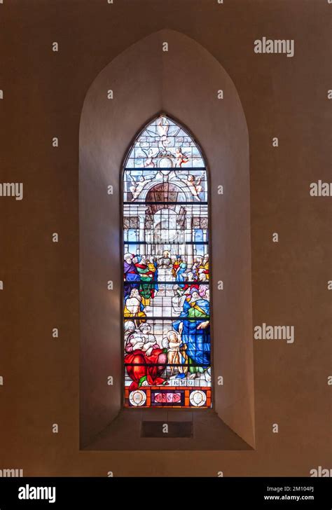 Stained glass window inside Perugia Cathedral, Umbria, Italy Stock ...