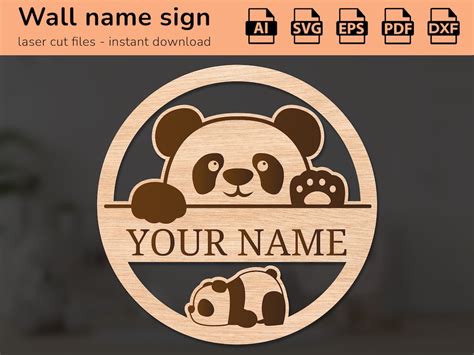 Cute Panda Bear Name Sign Interior Decor Laser Cut Design for Kids Ai ...