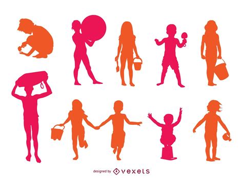 Children Beach Playing Silhouette Set Vector Download