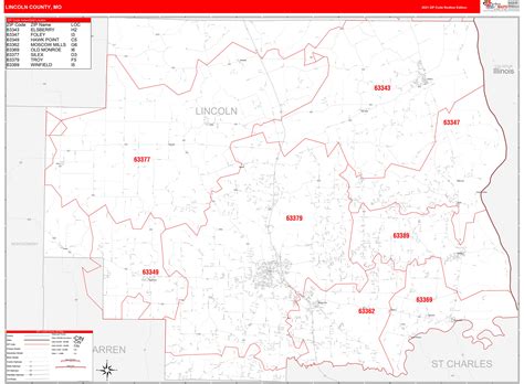 Lincoln County, MO Zip Code Wall Map Red Line Style by MarketMAPS ...