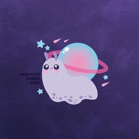 sticker of kawaii cute pink blue and purple snail with a planet shell and shooting stars on a ...